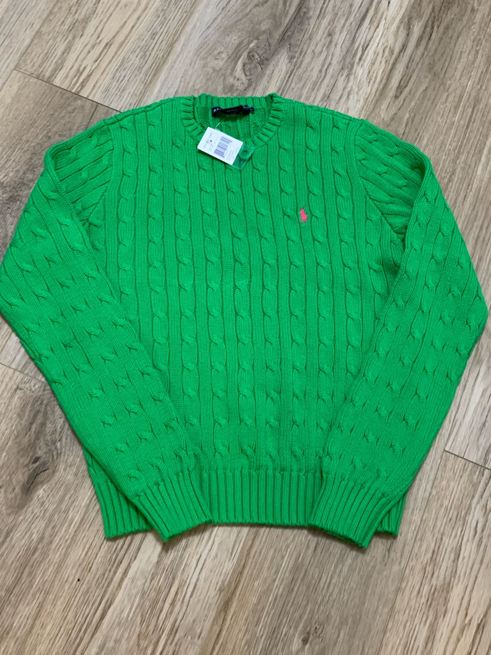 Ralph Lauren Blue Label NEW VTG Cable Knit Sweater Palm Green Pink Logo L